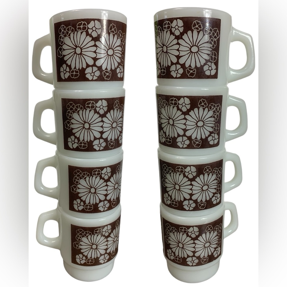 Vtg Anchor Floral Milk Glass Stackable Coffee Mugs USA Oven Proof Brown Lot Of 8